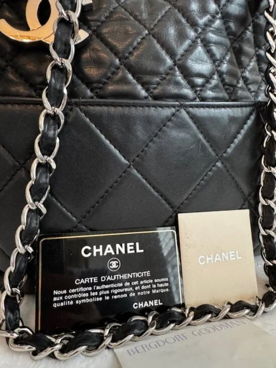 Vintage Chanel Quilted Black Leather Chain Tote Large Shoulder Bag Authentic - Picture 6 of 9